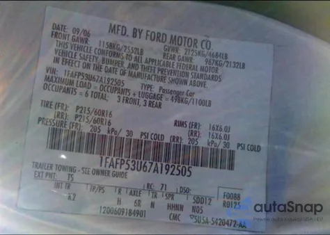 2007 Ford Taurus Se from USA, damaged, VIN 1FAFP53U67A192505